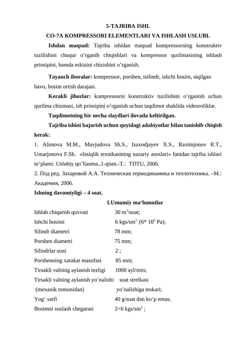 Tajriba ishi - 5-TAJRIBA ISHI - "CO-7A KOMPRESSORI ELEMENTLARI VA ISHLASH USLUBI"