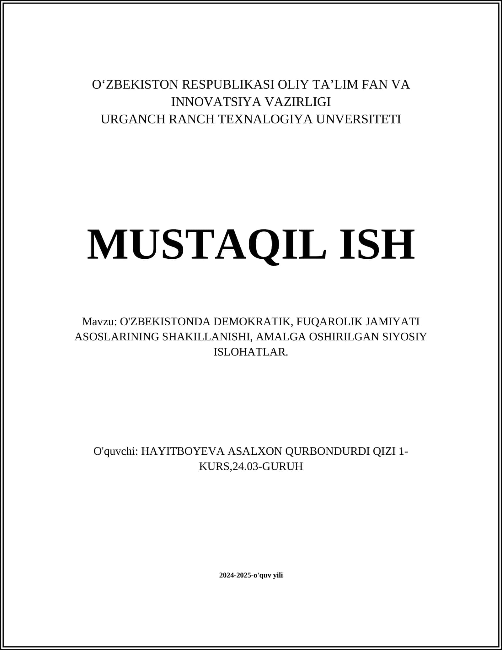 O'ZBEKISTONDA DEMOKRATIK, FUQAROLIK JAMIYATI ASOSLARINING SHAKILLANISHI
