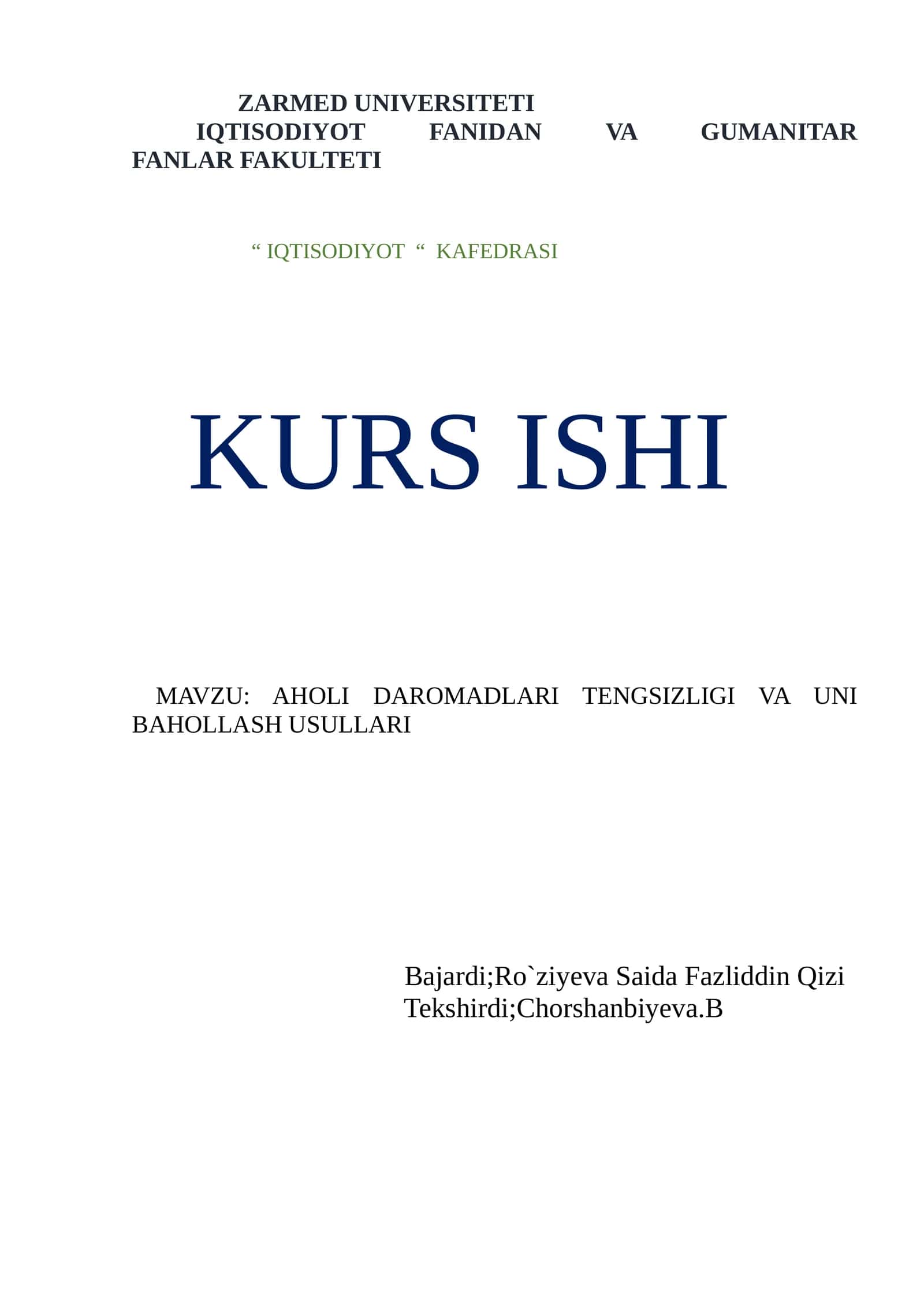 AHOLI DAROMADLARI TENGSIZLIGI VA UNI BAHOLLASH USULLARI