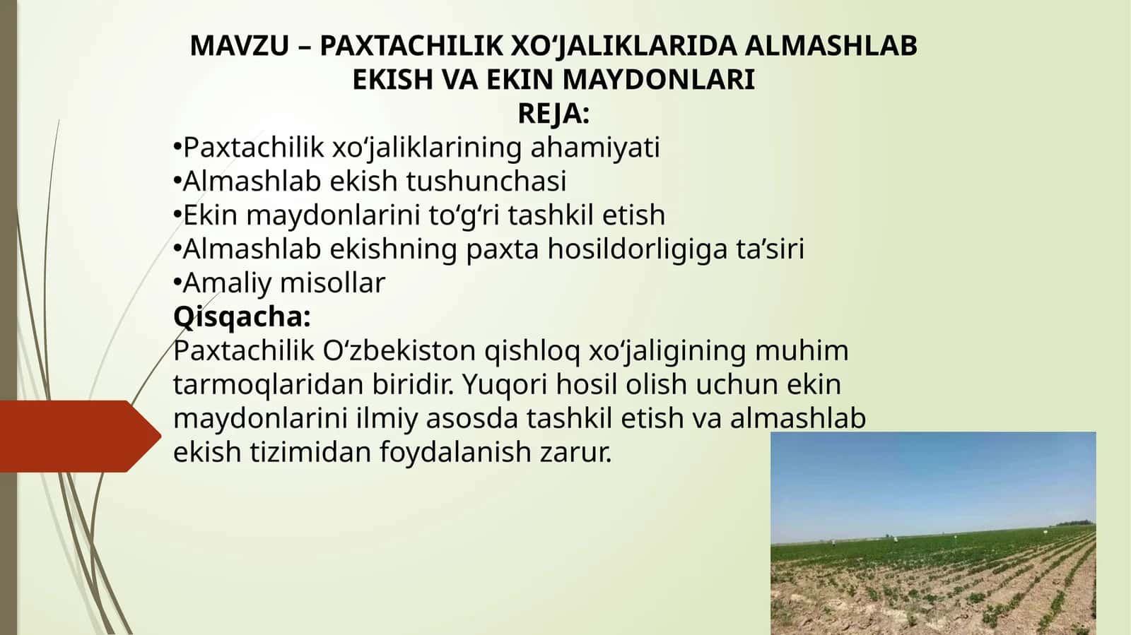 PAXTACHILIK XO‘JALIKLARIDA ALMASHLAB EKISH VA EKIN MAYDONLARI