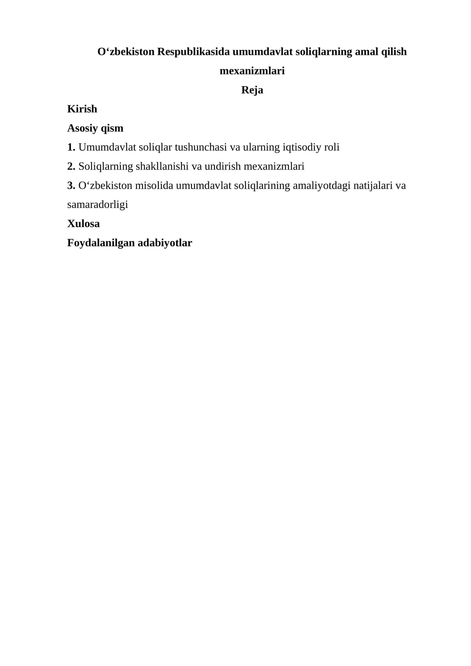 O‘zbekiston Respublikasida umumdavlat soliqlarning amal qilish mexanizmlari