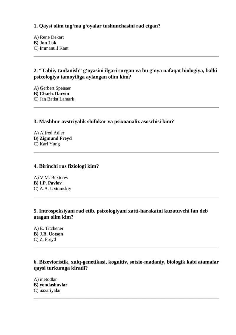 Umumiy Psixologiya sessiya savollari. Yakuniy test