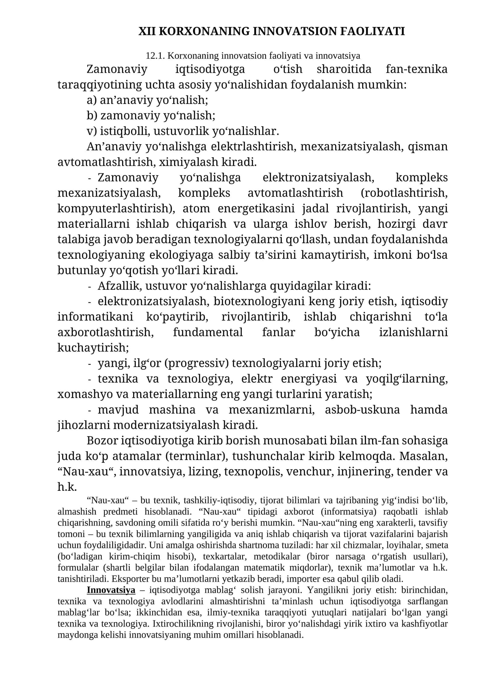 XII KORXONANING INNOVATSION FAOLIYATI