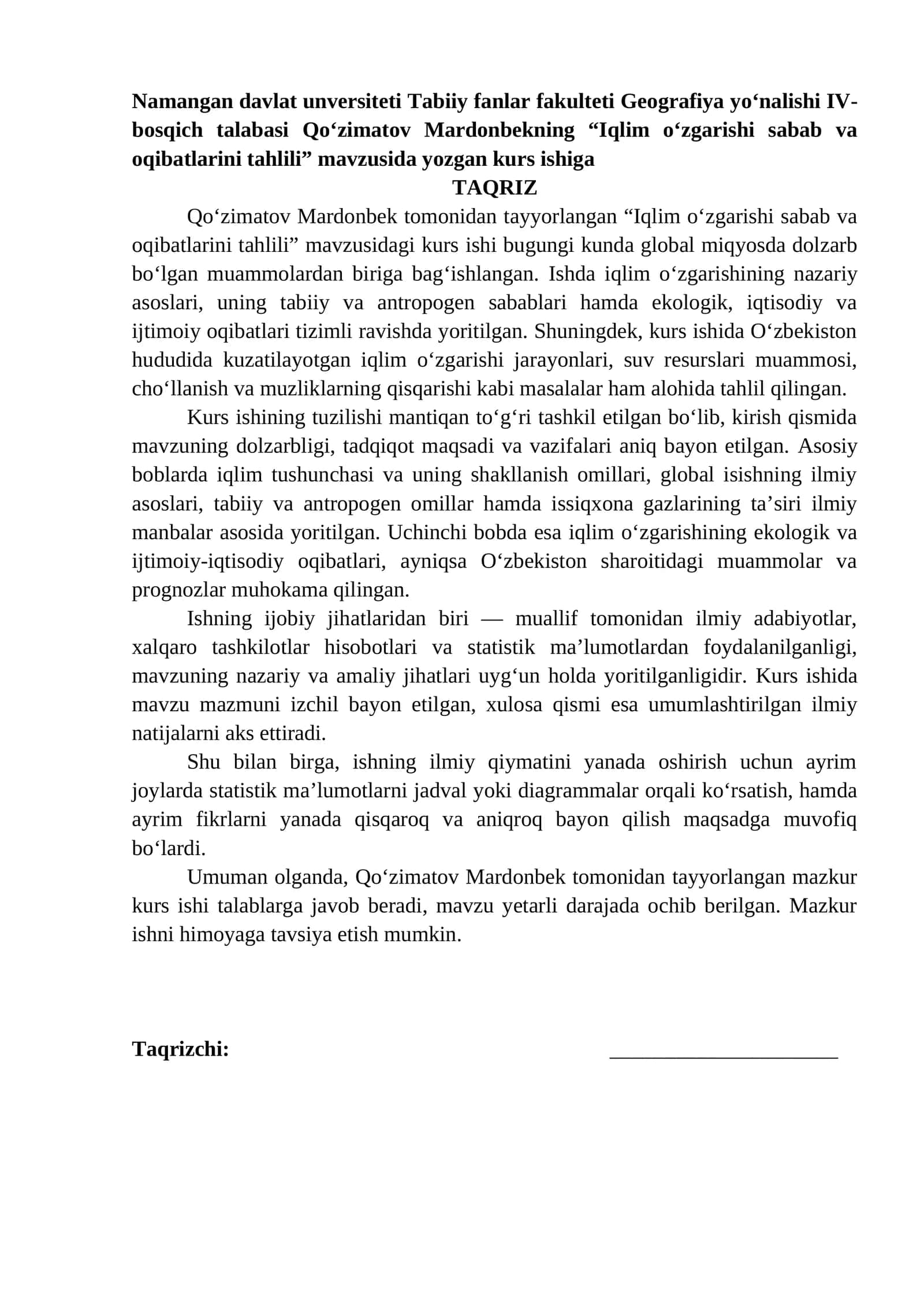 Iqlim o‘zgarishi sabab va oqibatlarini tahlili