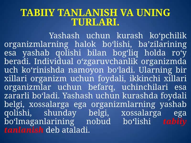TABIIY TANLANISH VA UNING TURLARI
