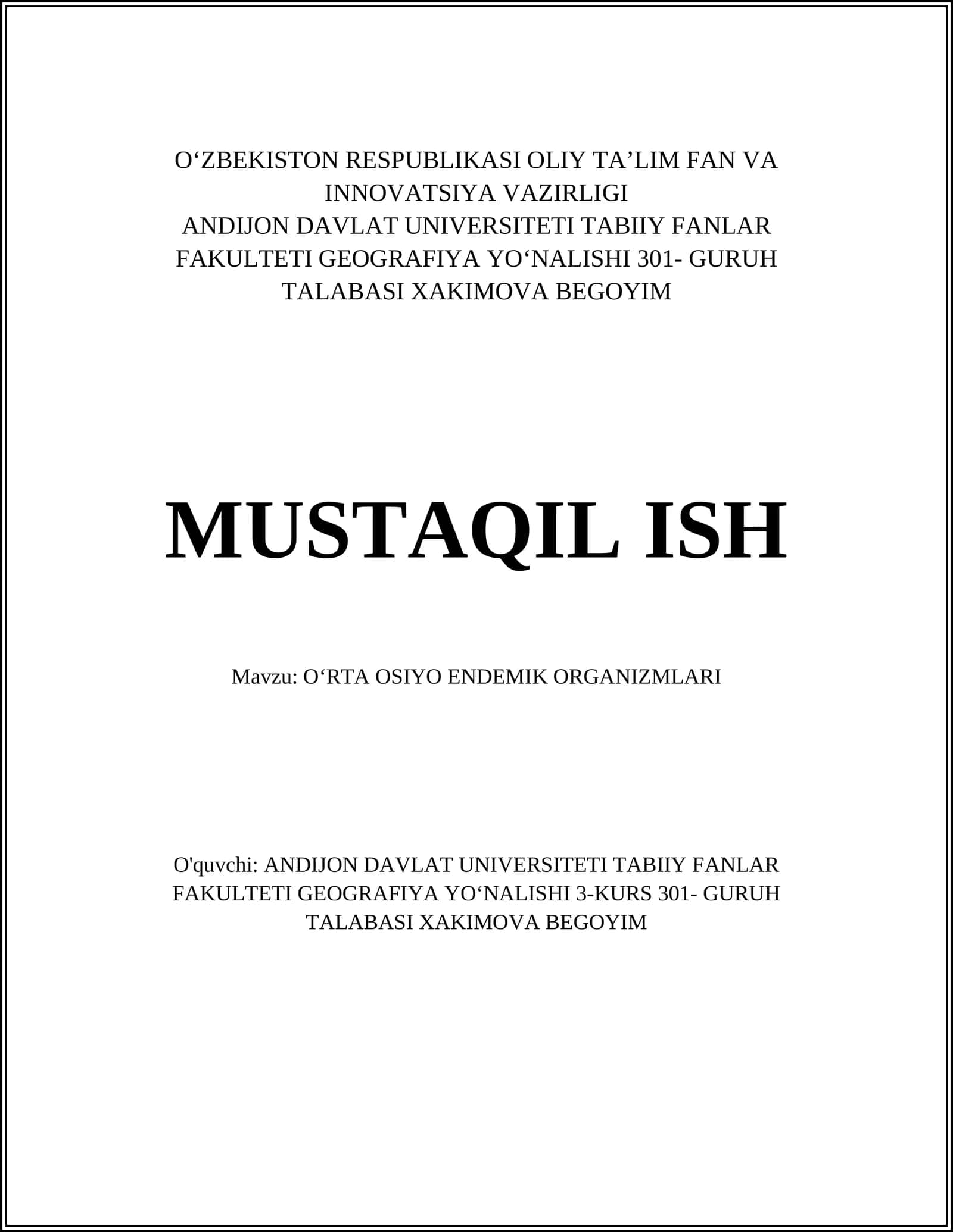 OʻRTA OSIYO ENDEMIK ORGANIZMLARI