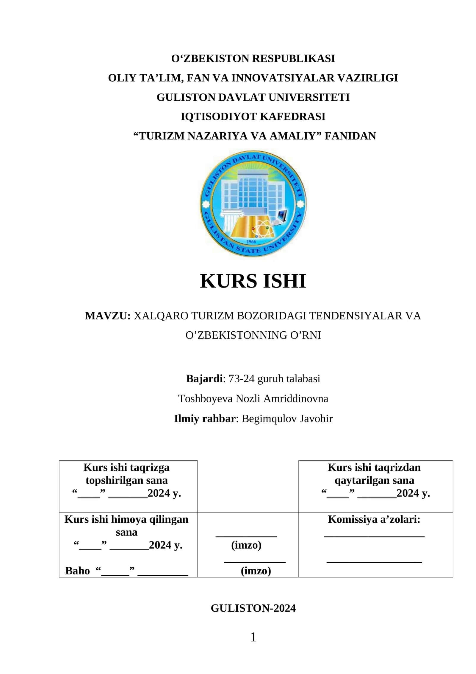 TURIZM NAZARIYA VA AMALIY FANIDAN KURS ISHI