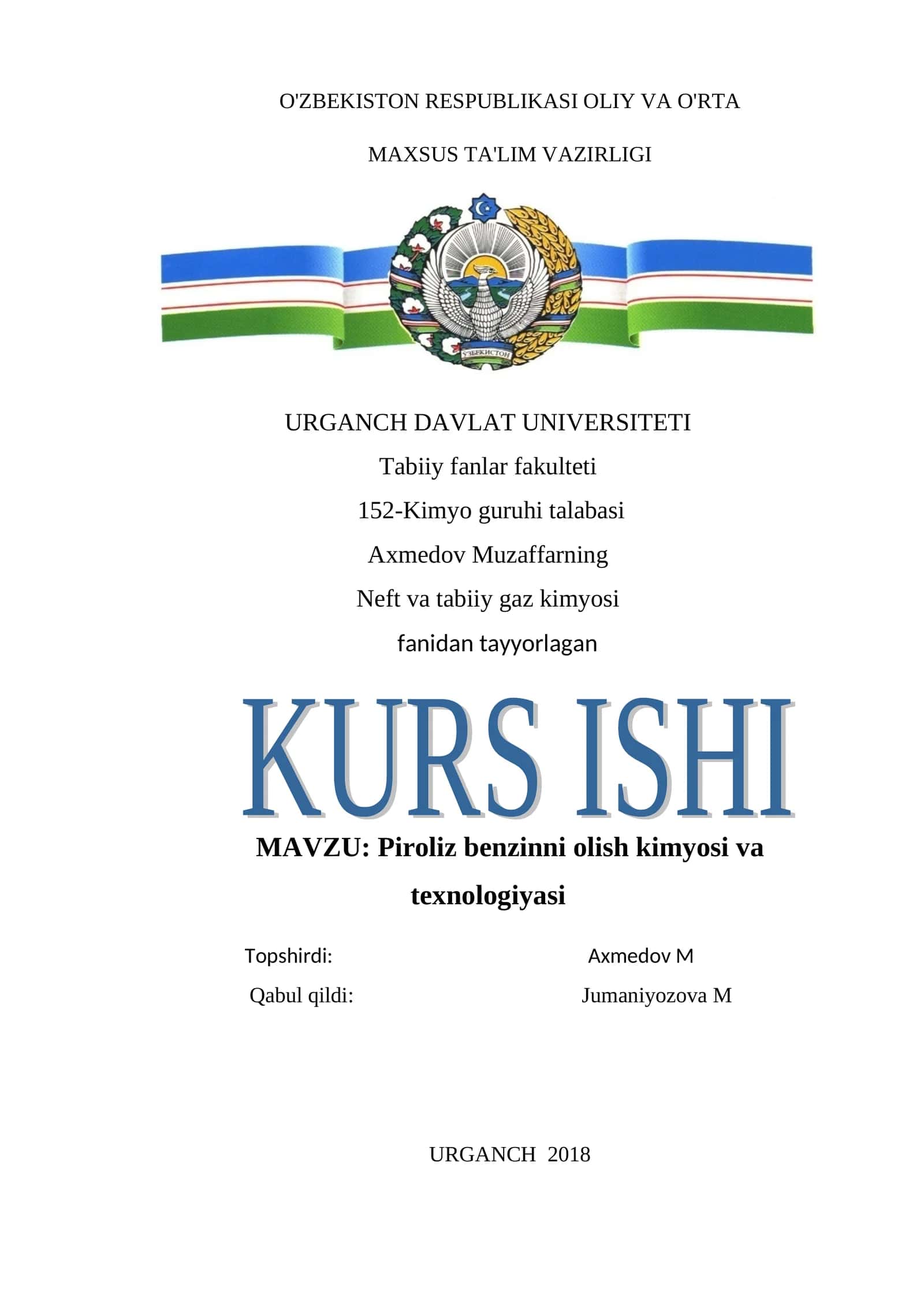Piroliz benzinni olish kimyosi va texnologiyasi