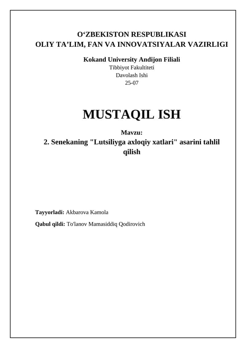 Senekaning "Luciliusga axloqiy xatlari" tahlili