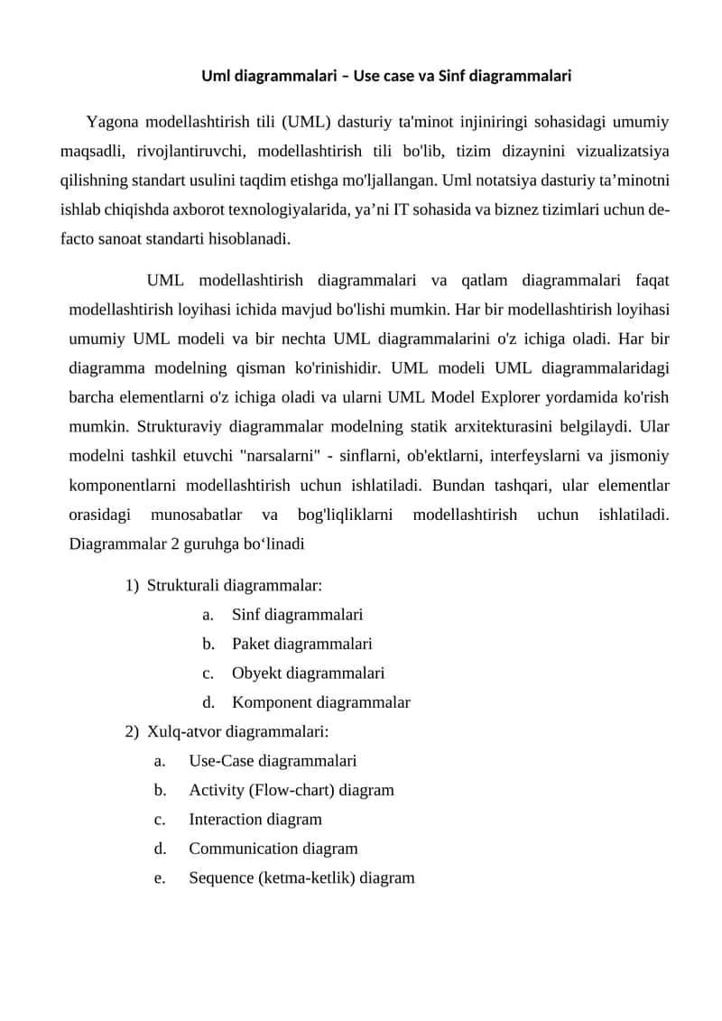 Uml diagrammalari – Use case va Sinf diagrammalari