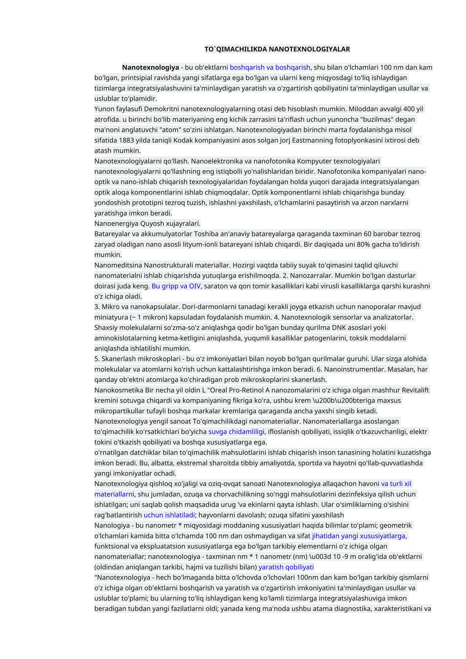 TO`QIMACHILIKDA NANOTEXNOLOGIYALAR