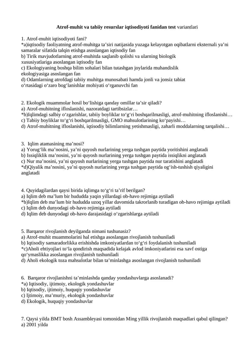 Atrof-muhit va tabiiy resurslar iqtisodiyoti fanidan test variantlari