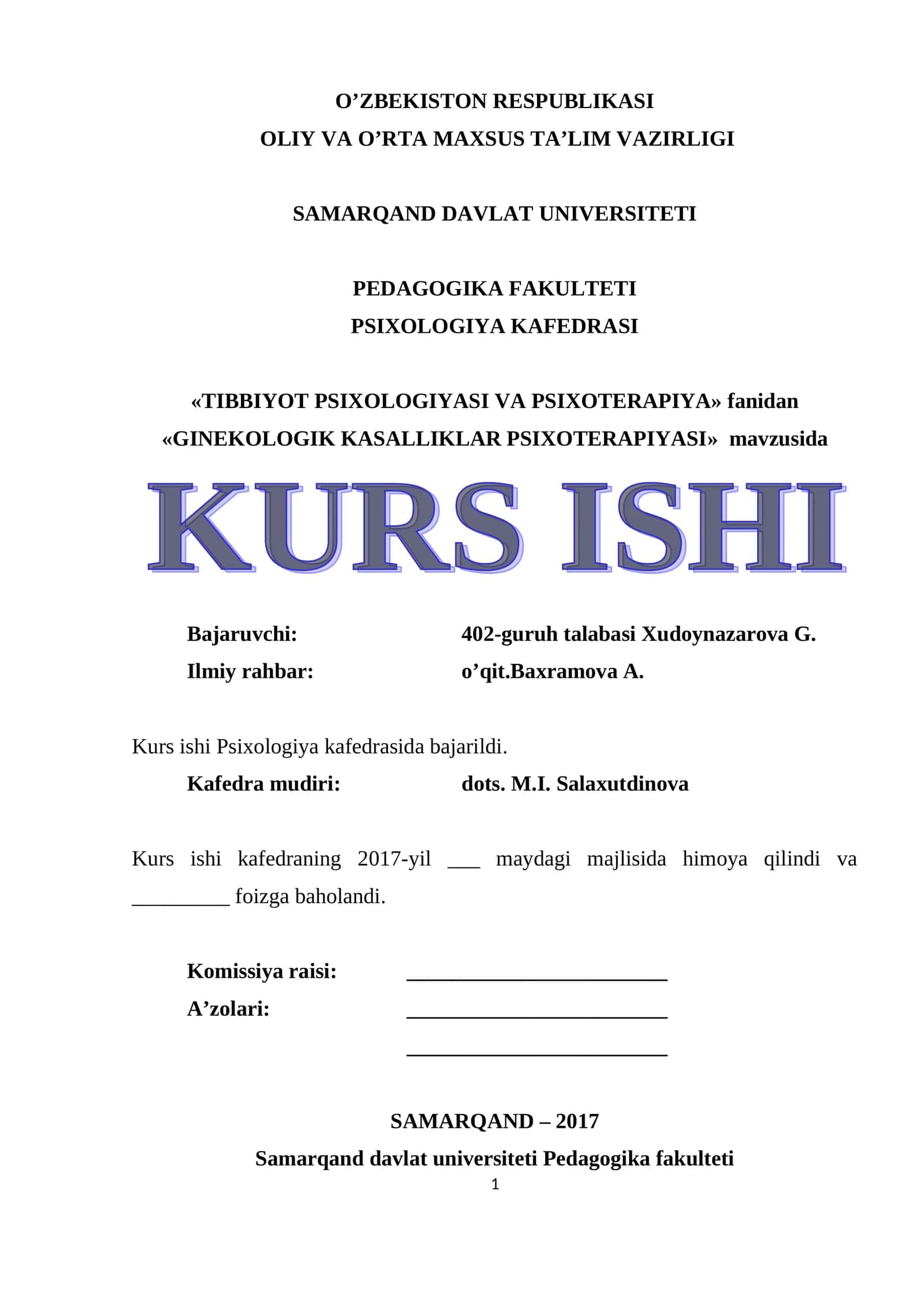 GINEKOLOGIK KASALLIKLAR PSIXOTERAPIYASI