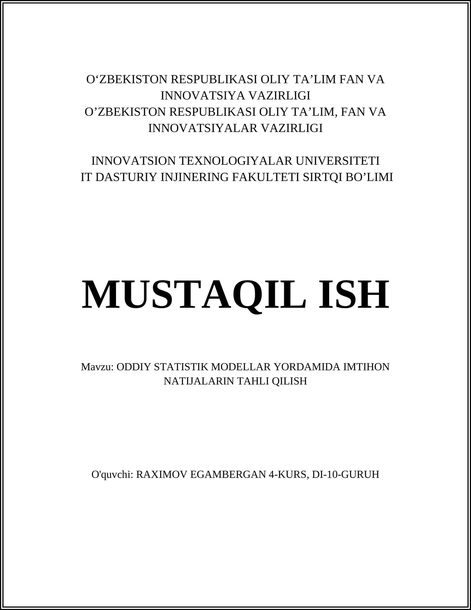 ODDIY STATISTIK MODELLAR YORDAMIDA IMTIHON NATIJALARIN TAHLI QILISH