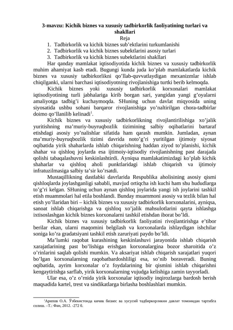 Kichik biznes va xususiy tadbirkorlik faoliyatining turlari va shakllari