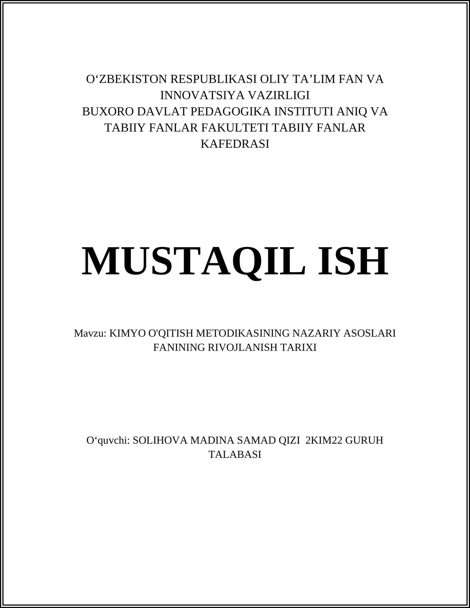 KIMYO O'QITISH METODIKASINING NAZARIY ASOSLARI FANINING RIVOJLANISH TARIXI