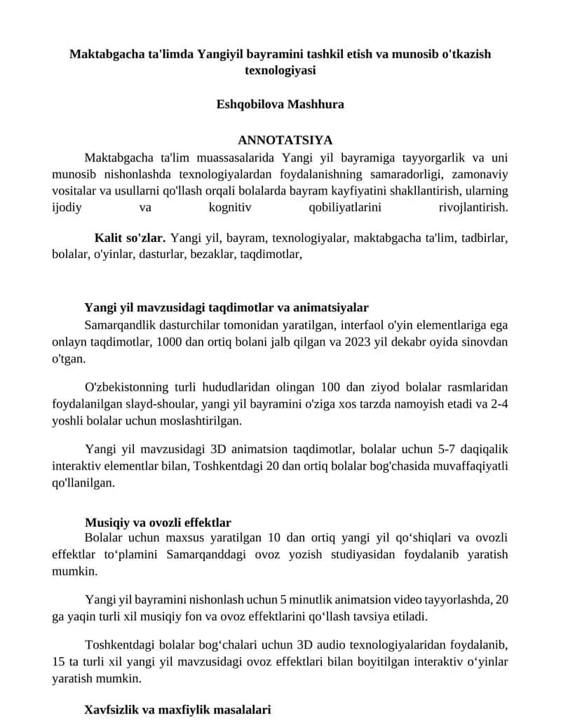 Maktabgacha ta'limda Yangiyil bayramini tashkil etish va munosib o'tkazish texnologiyasi