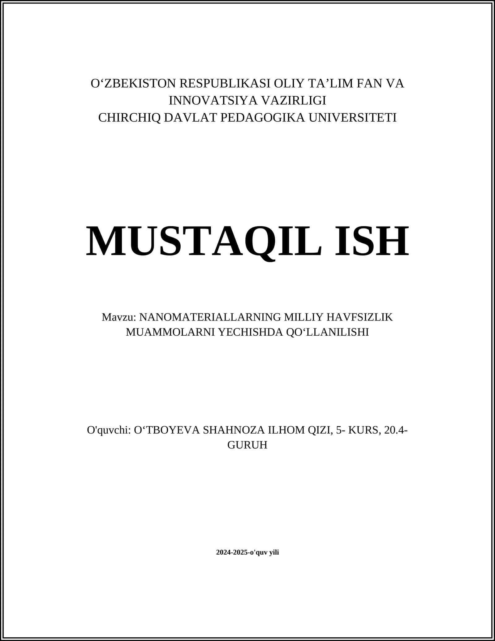 NANOMATERIALLARNING MILLIY HAVFSIZLIK MUAMMOLARNI YECHISHDA QOʻLLANILISHI