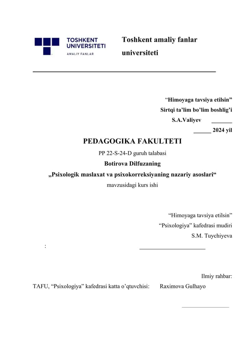 Psixologik maslaxat va psixokorreksiyaning nazariy asoslari