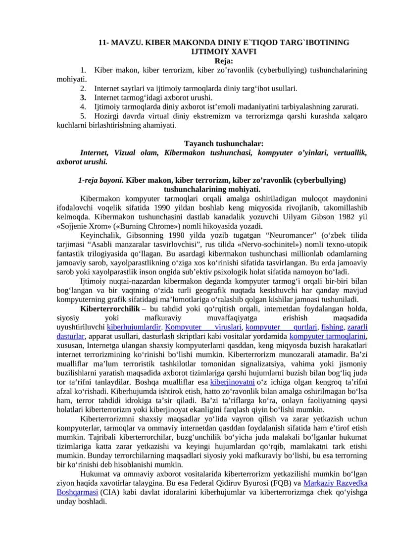 Kiber Makonda Diniy E`tiqod Targ`ibotining Ijtimoiy Xavfi