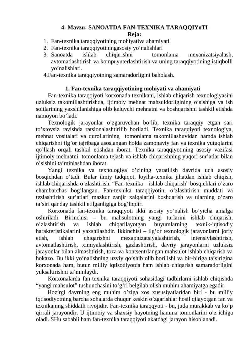 SANOATDA FAN-TEXNIKA TARAQQIYoTI