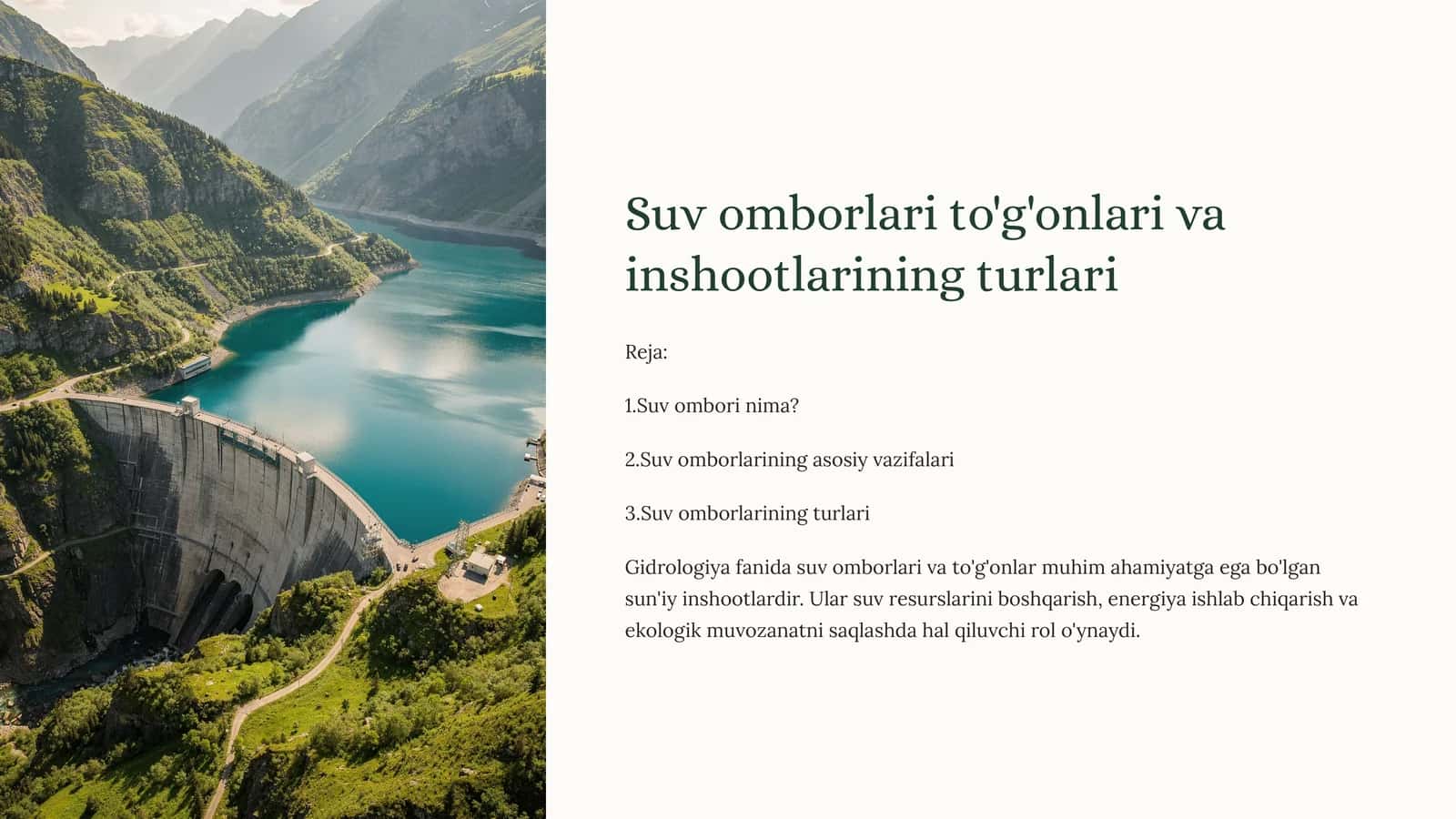 Suv omborlari to'g'onlari va inshootlarining turlari