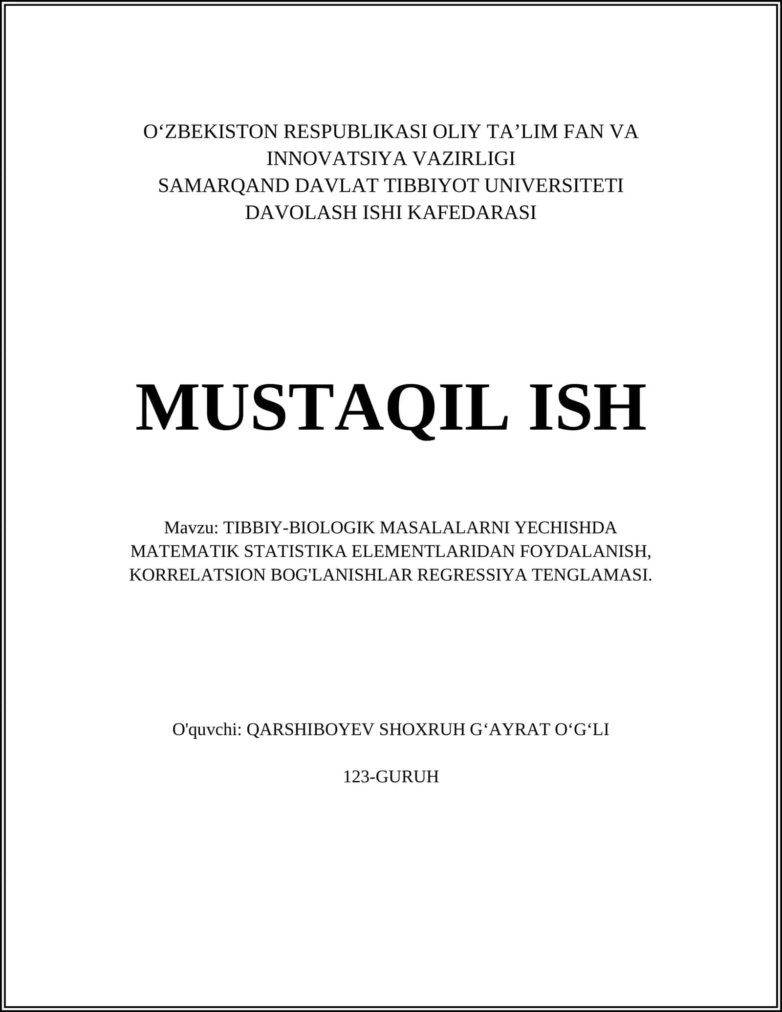 Tibbiy-Biologik Masalalarni Yechishda Matematik Statistika Elementlaridan Foydalanish