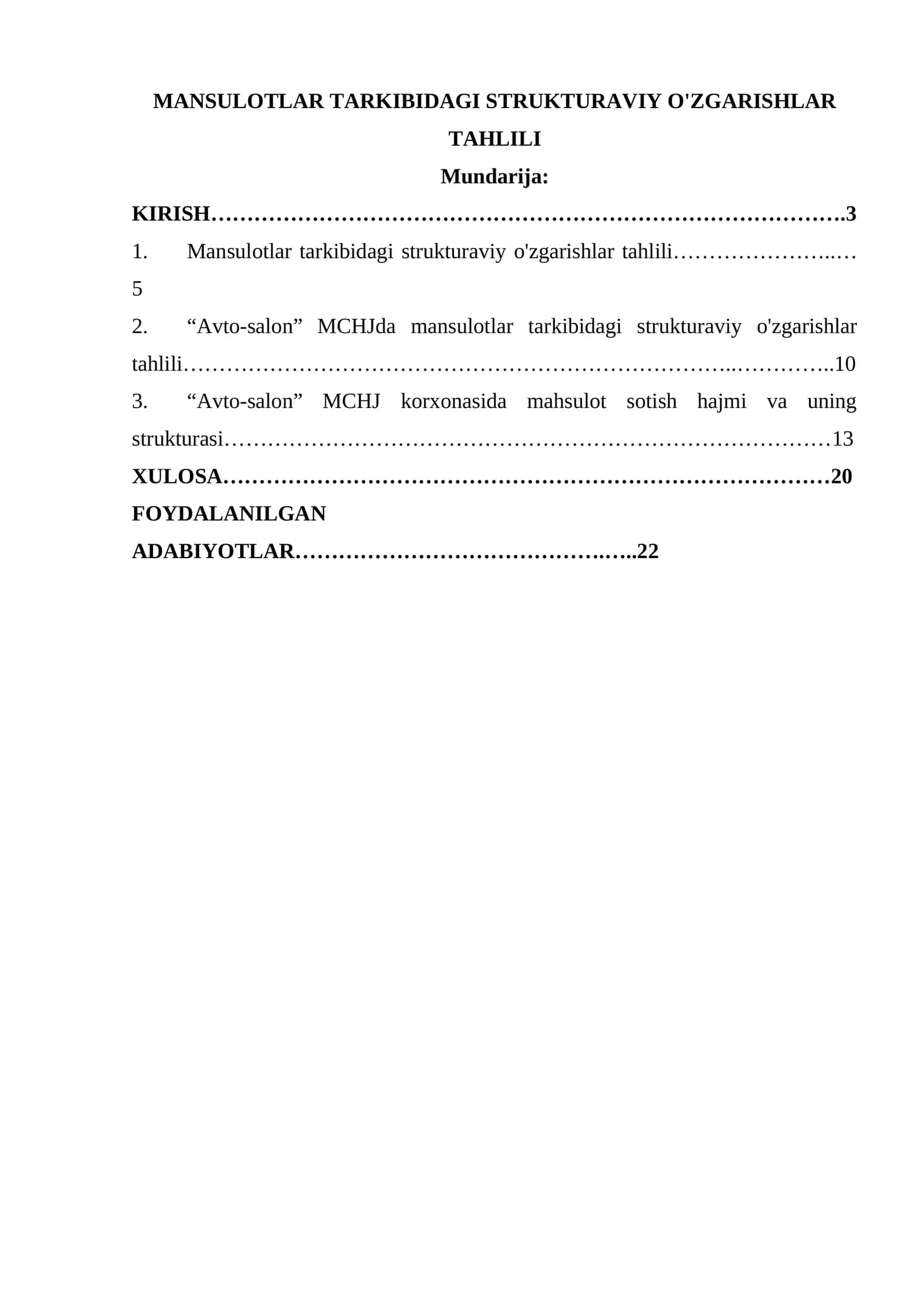 Mansulotlar tarkibidagi strukturaviy o'zgarishlar tahlili