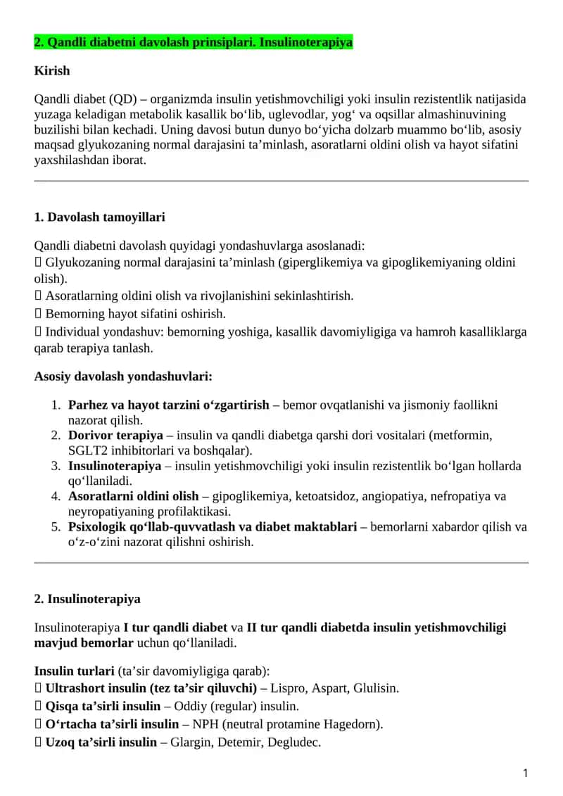 Qandli diabetni davolash prinsiplari. Insulinoterapiya