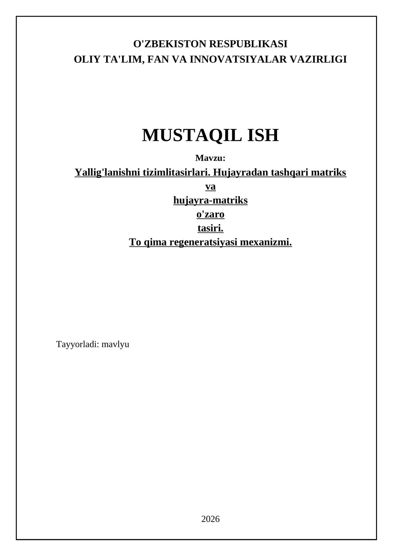 Yallig'lanishni tizimlitasirlari. Hujayradan tashqari matriks va hujayra-matriks o'zaro tasiri. To qima regeneratsiyasi mexanizmi