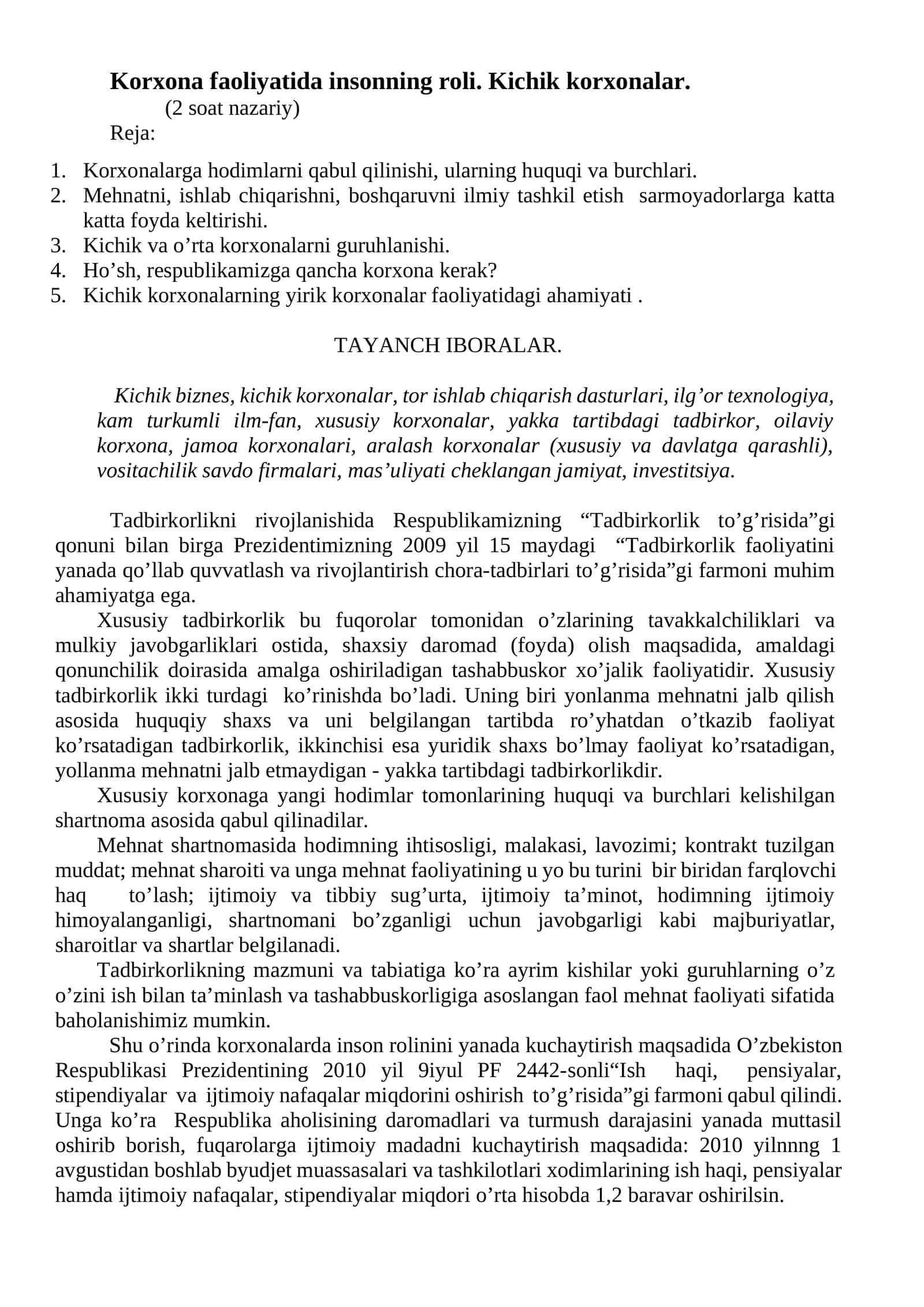 Korxona faоliyatida insоnning rоli. Kichik korxonalar