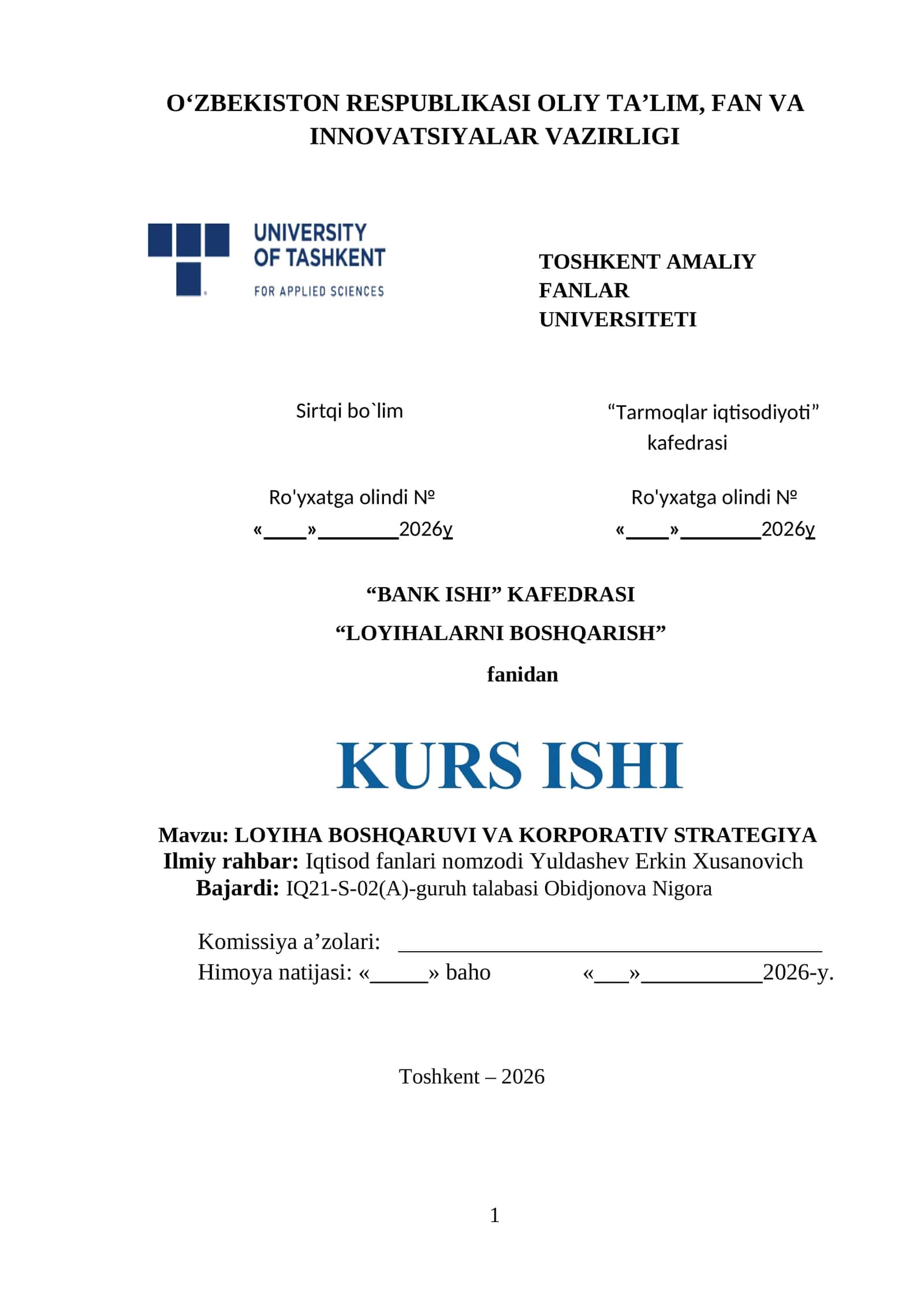 LOYIHA BOSHQARUVI VA KORPORATIV STRATEGIYA