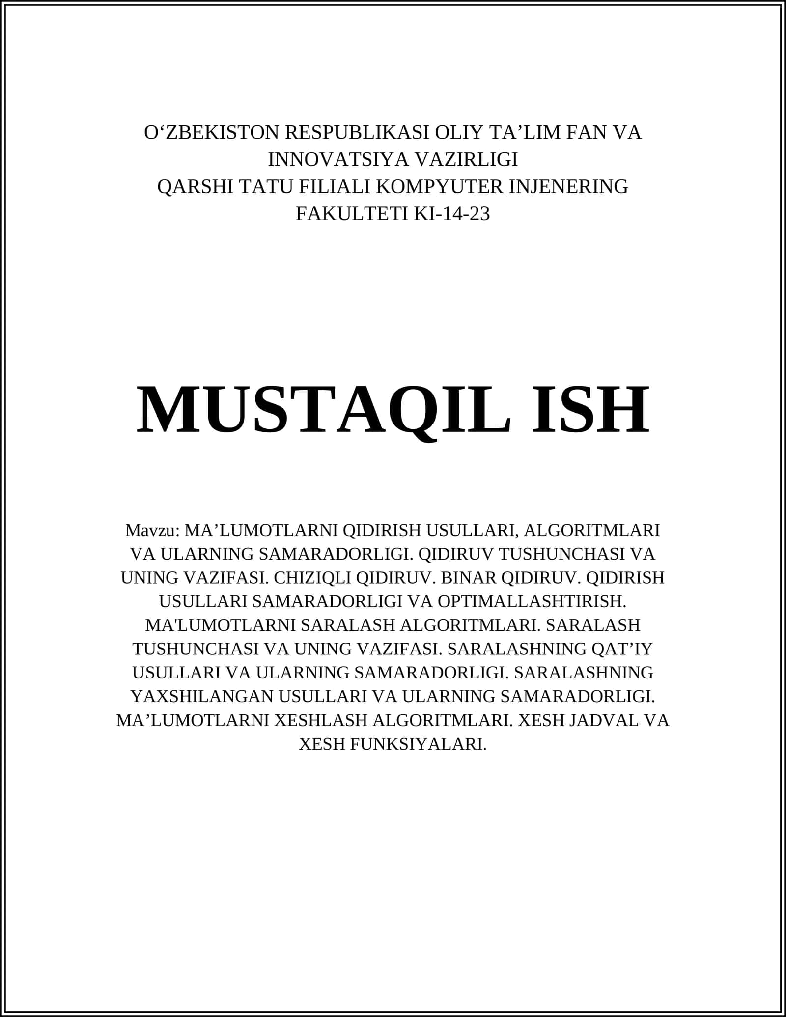 MA’LUMOTLARNI QIDIRISH USULLARI, ALGORITMLARI VA ULARNING SAMARADORLIGI