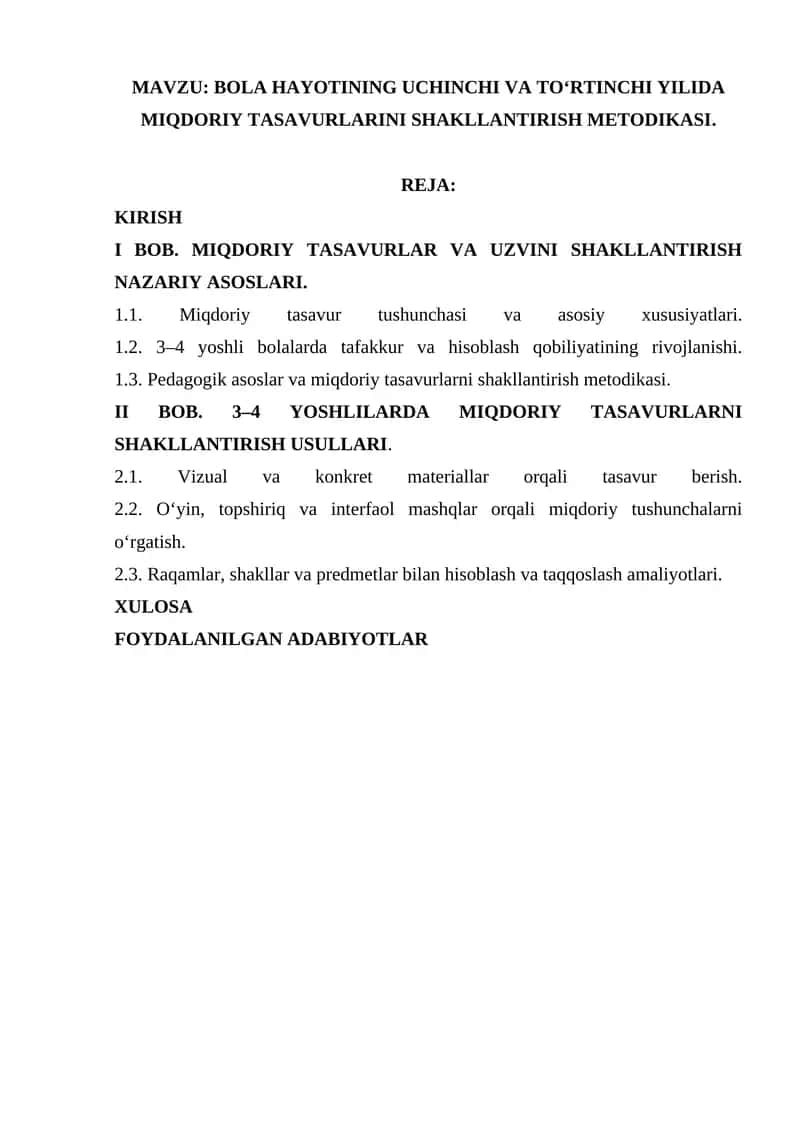 BOLA HAYOTINING UCHINCHI VA TO‘RTINCHI YILIDA MIQDORIY TASAVURLARINI SHAKLLANTIRISH METODIKASI