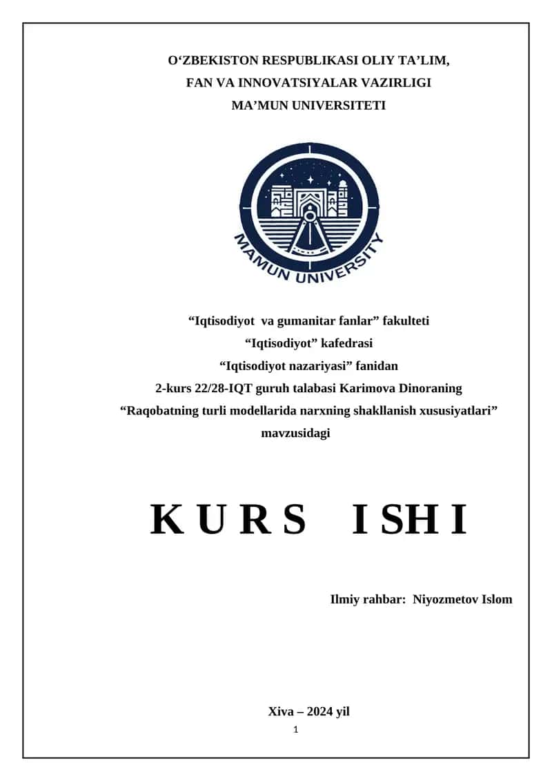 Raqobatning turli modellarida narxning shakllanish xususiyatlari