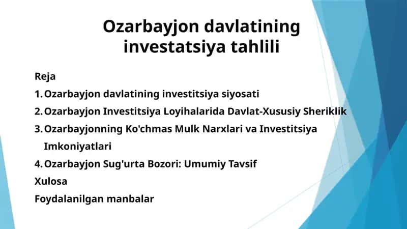 Ozarbayjon davlatining investatsiya tahlili