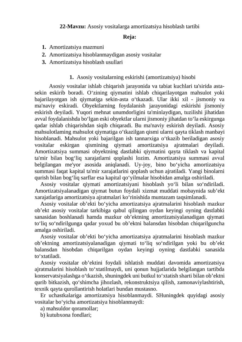 Asosiy vositalarga amortizatsiya hisoblash tartibi