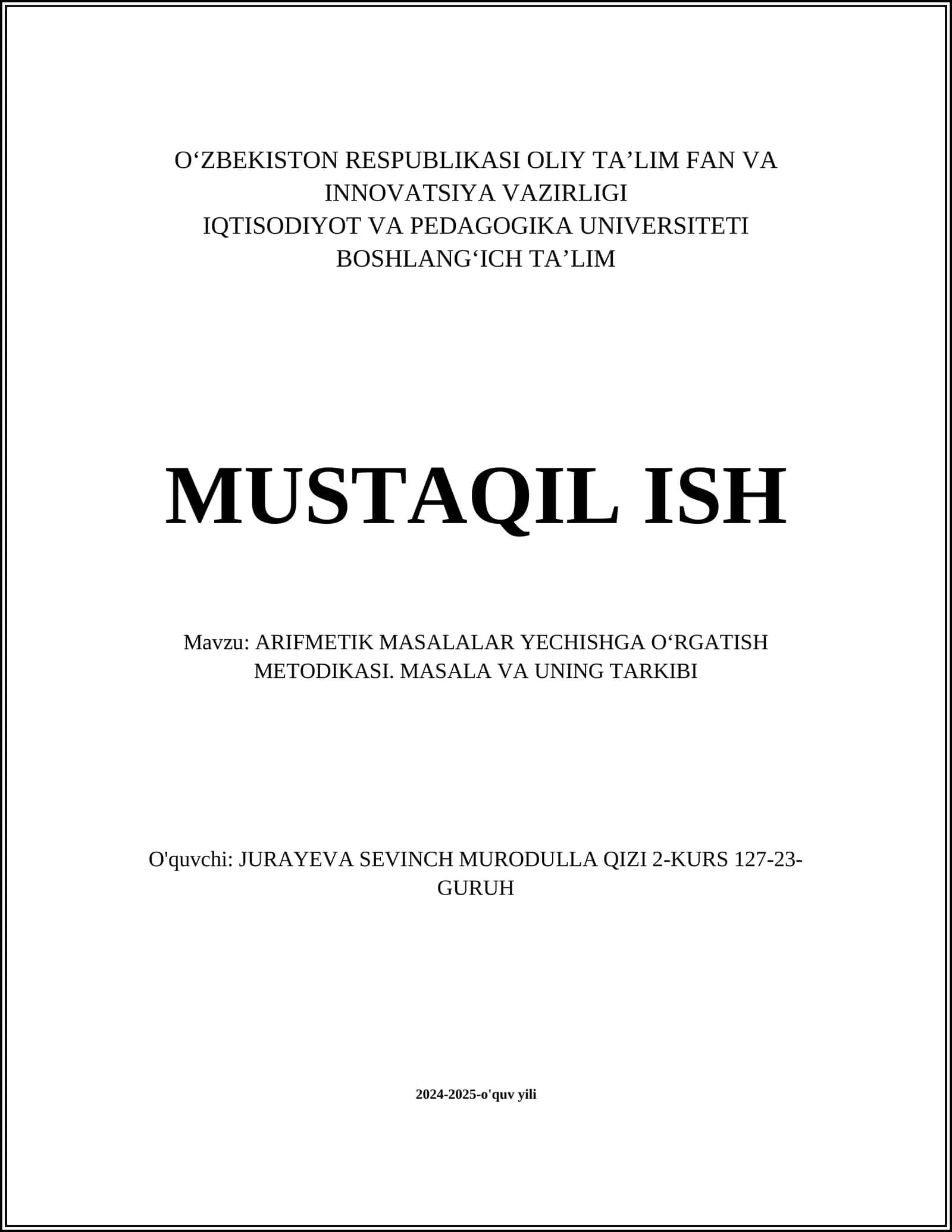 ARIFMETIK MASALALAR YECHISHGA OʻRGATISH METODIKASI