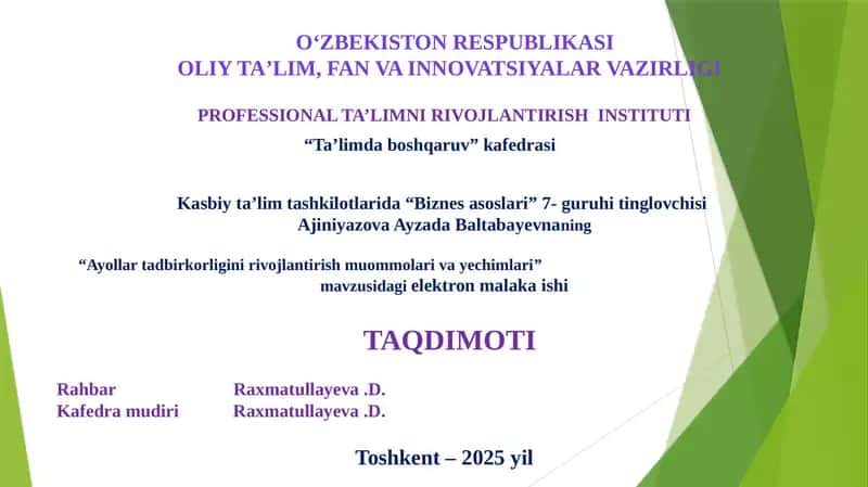 Ayollar tadbirkorligini rivojlantirish muommolari va yechimlari