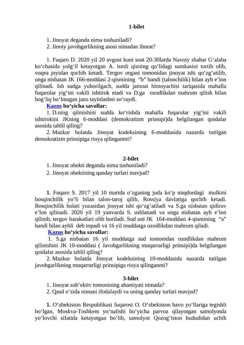 Jinoyat va huquqshunoslik. Bilet 1