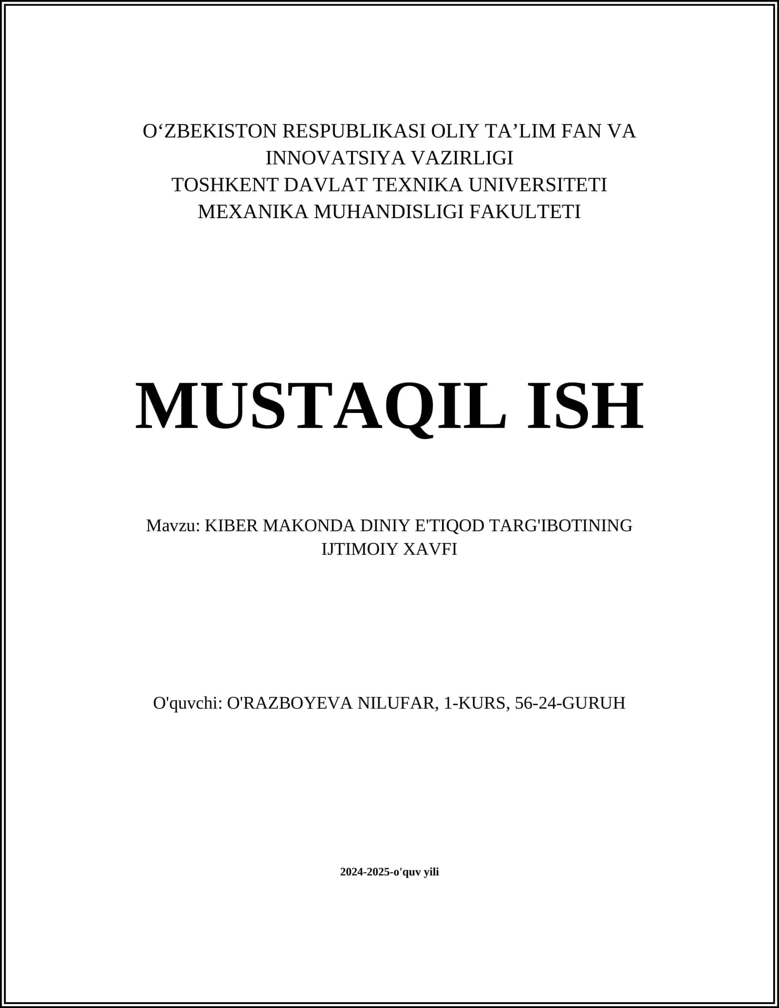 KIBER MAKONDA DINIY E'TIQOD TARG'IBOTINING IJTIMOIY XAVFI