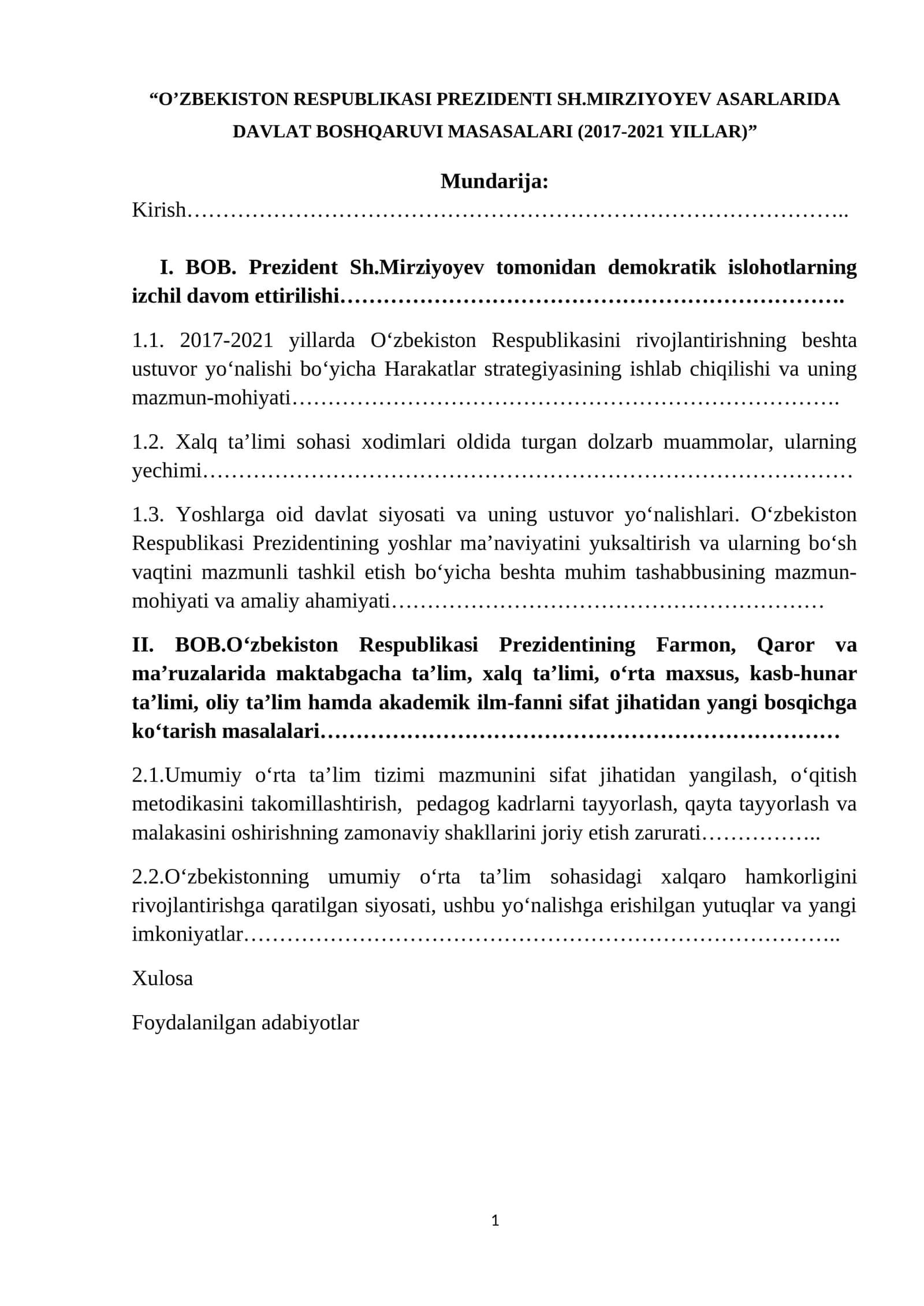 O‘zbekiston Respublikasi Prezidenti Sh.Mirziyoyev Asarlari (2017-2021 Yillar)