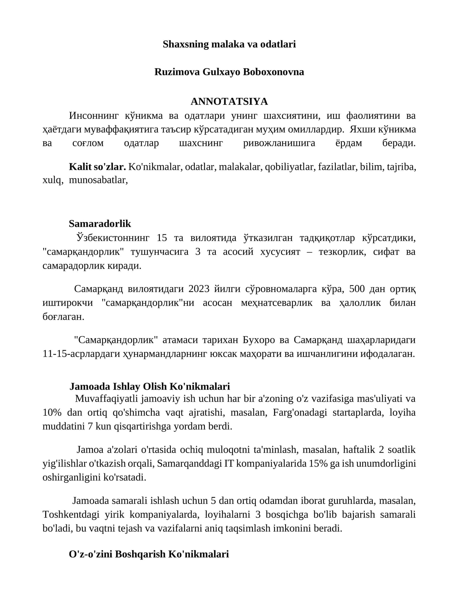 Shaxsning malaka va odatlari