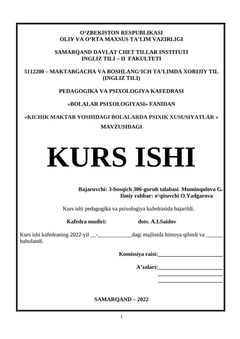 "Kichik maktab yoshidagi bolalarda psixik xususiyatlar"