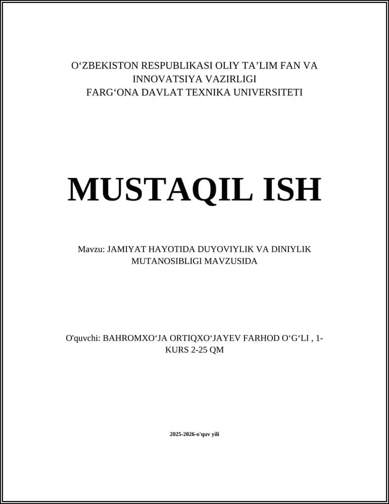 JAMIYAT HAYOTIDA DUYOVIYLIK VA DINIYLIK MUTANOSIBLIGI