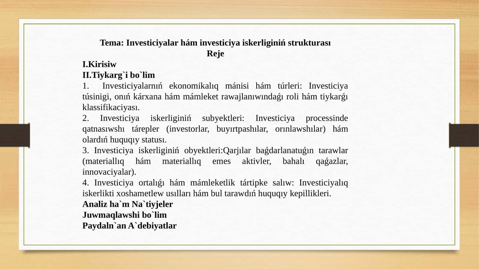 Investiciyalar hám investiciya iskerliginiń strukturası