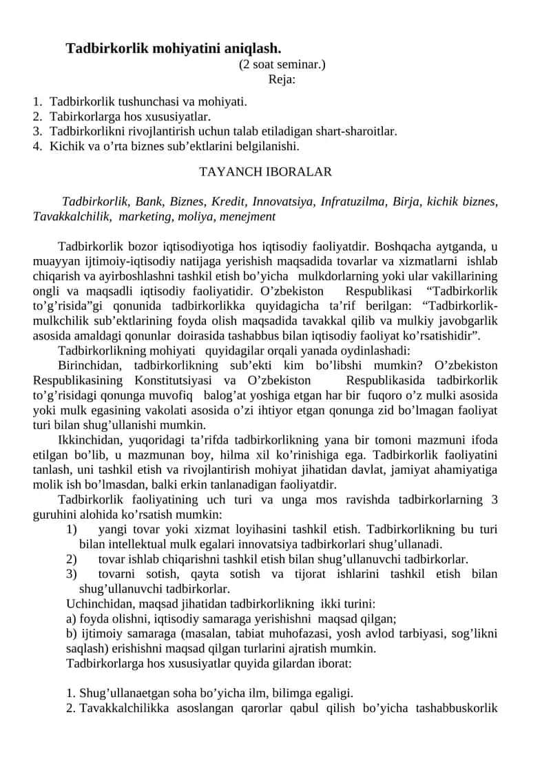 Tadbirkorlik Mоhiyatini Aniqlash