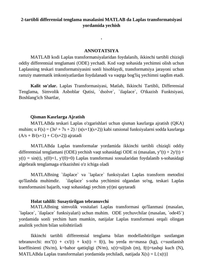 Laplas Transformasiyasi bilan MATLAB da 2-tartibli Differensial Tenglama Yechish