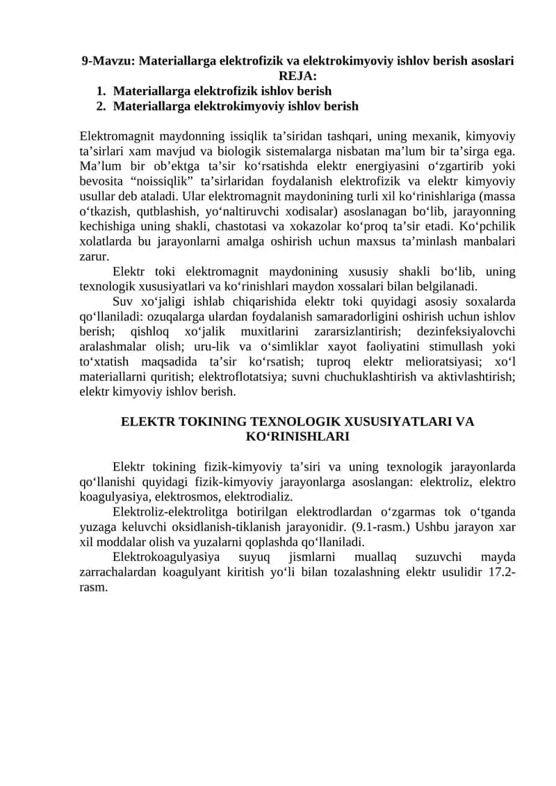 Materiallarga elektrofizik va elektrokimyoviy ishlov berish asoslari