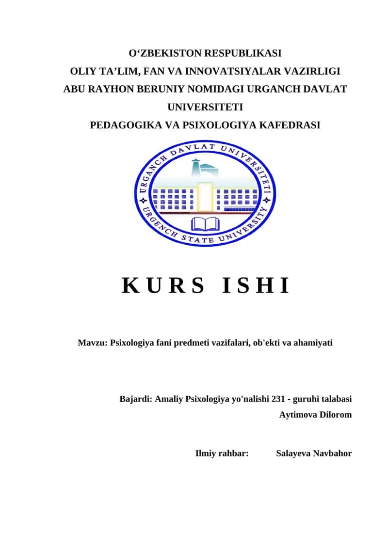 Psixologiya fani predmeti vazifalari, ob'ekti va ahamiyati kurs ishi Psixologiya fani predmeti vazifalari, ob'ekti va ahamiyati